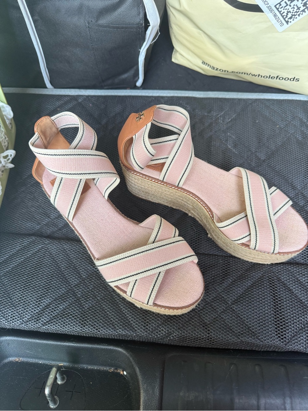 Tory Burch Frieda Pink Striped Espadrille Wedge Sandals | Size: 8.5 - Picture 2 of 7